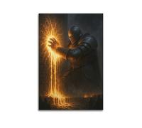 XMUXCY Canvas Wall Art Posters Medieval Armor Knight Touching Wall with Flames Unframe-style Modern Decor for Living Room Bedroom Office 24x36inch(60x90cm)