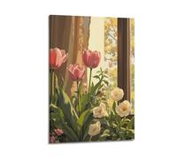XMUXCY Canvas Wall Art Posters Plant Tulips by Window Frame-style Modern Decor for Living Room Bedroom Office 12x18inch(30x45cm)