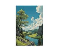 XMUXCY Landscape Green Valley River Trees White Clouds Canvas Wall Art Posters for Modern Family Bedroom And Office Decor Artwork 08x12inch(20x30cm)