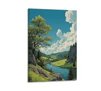 XMUXCY Landscape Green Valley River Trees White Clouds Canvas Wall Art Posters for Modern Family Bedroom And Office Decor Artwork 16x24inch(40x60cm)
