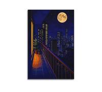 XMUXCY Landscape Healing Illustration of Urban Balcony in Moonlit Night Canvas Wall Art Posters for Modern Family Bedroom And Office Decor Artwork 20x30inch(50x75cm)
