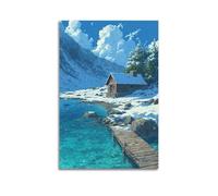 XMUXCY Landscape Snowy Mountain Lake Cabin Illustration Canvas Wall Art Posters for Modern Family Bedroom And Office Decor Artwork 20x30inch(50x75cm)