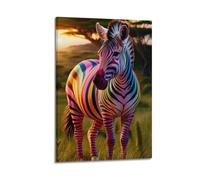 XMUXCY Modern Bedroom Wall Decoration Canvas Posters-Animal Poster Colorful Zebra in Grassland Radiates Vividness Painting 20x30inch(50x75cm) Frame-style