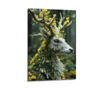 XMUXCY Modern Bedroom Wall Decoration Canvas Posters-Animal Poster Deer Adorned with Yellow Flowers Looks Magical Painting 16x24inch(40x60cm) Frame-style