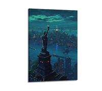XMUXCY Modern Bedroom Wall Decoration Canvas Posters-City Poster Statue of Liberty And New York City at Night A Canvas Painting 08x12inch(20x30cm) Frame-style
