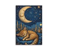 XMUXCY Modern Bedroom Wall Decoration Canvas Posters-Dreamy Poster Fairy Tale Style Sleeping Cat Under Moonlight Fantasy Art Decorative Painting 08x12inch(20x30cm) Unframe-style