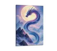 XMUXCY Modern Bedroom Wall Decoration Canvas Posters-Fantasy Poster Eastern Divine Dragon Under Moonlight Art Decorative Painting 16x24inch(40x60cm) Frame-style