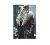 XMUXCY Modern Bedroom Wall Decoration Canvas Posters-Fantasy Poster Goat - Headed Warrior with Glowing Hammer Painting 08x12inch(20x30cm) Unframe-style