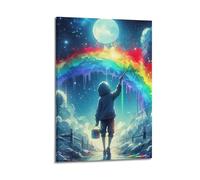 XMUXCY Modern Bedroom Wall Decoration Canvas Posters-Fantasy Poster Person Rainbow Under Moonlit Night Art Decorative Painting 12x18inch(30x45cm) Frame-style