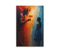 XMUXCY Modern Bedroom Wall Decoration Canvas Posters-Fantasy Poster Surreal Scene of Devil Giving Flower to Woman Painting 16x24inch(40x60cm) Unframe-style