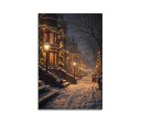 XMUXCY Modern Bedroom Wall Decoration Canvas Posters-Festival Poster Decorated Street on Snowy Night Warm Christmas Canvas Art 24x36inch(60x90cm) Unframe-style