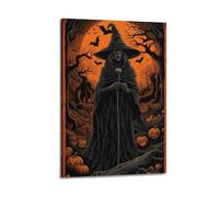 XMUXCY Modern Bedroom Wall Decoration Canvas Posters-Halloween Poster Dark Witch And Pumpkin Forest Festival Scene Halloween Decorations Embrace Enchanting Terror 08x12inch(20x30cm) Frame-style