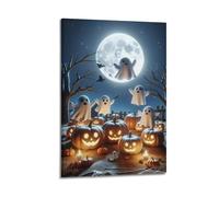 XMUXCY Modern Bedroom Wall Decoration Canvas Posters-Halloween Poster Enchanting Pumpkin And Ghost Festival Scene Halloween Decorations Ignite Spooky Joy 16x24inch(40x60cm) Frame-style