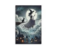 XMUXCY Modern Bedroom Wall Decoration Canvas Posters-Halloween Poster Witch Flying on Broomstick at Moonlit Night Halloween Decorations 12x18inch(30x45cm) Unframe-style