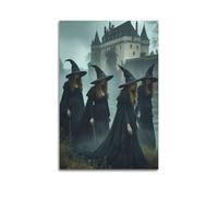 XMUXCY Modern Bedroom Wall Decoration Canvas Posters-Halloween Poster Witches Near Ancient Castle Halloween Decorations 08x12inch(20x30cm) Unframe-style