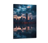 XMUXCY Modern Bedroom Wall Decoration Canvas Posters-Landscape Poster City Skyline Reflected in Water Gorgeous Sunset Magnificent Urban Wall Art 16x24inch(40x60cm) Frame-style