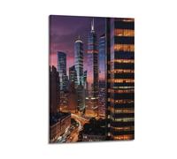 XMUXCY Modern Bedroom Wall Decoration Canvas Posters-Landscape Poster Urban Night Scene with Skyscrapers Purple Clouds And Car Light Halos Bustling City Wall Art 16x24inch(40x60cm) Frame-style