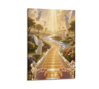 XMUXCY Modern Bedroom Wall Decoration Canvas Posters-Religious Poster Golden Stairway to Heaven with Angels Has Holy Charm Painting 12x18inch(30x45cm) Frame-style