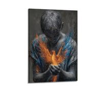 XMUXCY Modern Bedroom Wall Decoration Canvas Posters-Religious Poster Man Holds Fiery Bird with Hope Painting 20x30inch(50x75cm) Frame-style