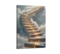 XMUXCY Modern Bedroom Wall Decoration Canvas Posters-Scene Poster Staircase In Clouds With Golden Light Bringing Mystery Decorative Painting 16x24inch(40x60cm) Frame-style