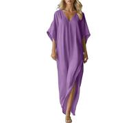 XMWSPO Mother of The Bride Dresses-Boho Linen Maxi Dress,Summer Oversized Casual Split Dresses,V Neck 3/4 Sleeve Beach Smocked Sundress,Loose Solid Floaty A-line Dress,Elegant Kaftan Outfits A Purple