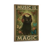 XMXPOSTARS Music Is Magic-Black Cat Art Poster, Vintage Canvas Wall Art Inspirational Printing for Wall Decoration Room Aesthestic 24x36inch(60x90cm) Frame-style-1
