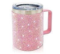 XMYAINA 12oz Bling Travel Coffee Mug with Handle and Lid Rhinestone Insulated Coffee Mug Stainless Steel Vacuum Reusable Glitter Coffee Tumbler Thermal Cup for Home and Office (Pink)