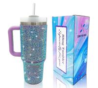 XMYAINA 40oz Bling Tumbler with Handle and Straw Lid Rhinestone Studded Tumbler Cups Vacuum Insulated Stainless Steel Double Wall Water Bottle Travel Mug Gifts for Women Her (Purple)