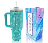 XMYAINA 40oz Bling Tumbler with Handle and Straw Lid Rhinestone Studded Tumbler Cups Vacuum Insulated Stainless Steel Double Wall Water Bottle Travel Mug Gifts for Women Her (Blue)