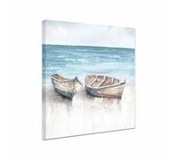 XMYATELi Beach Artwork Coastal Wall Art, Boats on the Beach Canvas Art Prints for Bathroom Decor, Light Blue Ocean Pictures for Wall Seaside Nautical Paintings Small Square 30x30cm