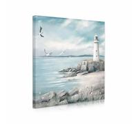 XMYATELi Blue Coastal Lighthouse Wall Art: Lighthouse Pictures and Seagulls Ocean Painting Calming Seascape Canvas Art Print for Bathroom Bedroom Office Living Room Wall Decor Small 30x30 Cm Framed