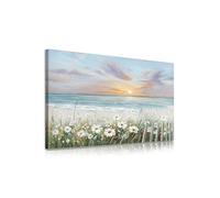 XMYATELi Sunrise Ocean Wall Art with Wildflowers Canvas Picture 60x80 Cm Framed Beach Picture for Bathroom Bedroom Wall Decor Blue Seascape Painting