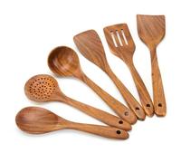 XMYYX 6 Piece Teak Wooden Cooking Utensils Set, Large 6-Piece Set, Rustic Brown, Non-Stick, Easy to Clean, Comfort-Grip, Wooden Spoons for Cooking, Slotted Turner, Spatula, Skimmer, Ladle, Salad Spoon