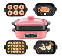 XMZFQ 5 in 1 Multifuction Electric BBQ/Hot Pot/Takoyaki/Frying Pan/Dorayaki Machine, Korean Barbecue Grill, Non-Stick Coating Multi Plate 5-Piece Set,Pink