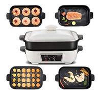 XMZFQ 5 in 1 Multifuction Electric BBQ/Hot Pot/Takoyaki/Frying Pan/Dorayaki Machine, Korean Barbecue Grill, Non-Stick Coating Multi Plate 5-Piece Set,White