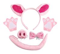 XNBTFK Pig Costume Set, 5-Piece Pig Ears Headband with Nose, Bow Tie, Tail and Gloves, Pink Fancy Dress Accessories for Kids Halloween, Carnival, Themed Parties and Role Play