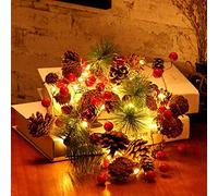 Xndryan Christmas Pine Cone String Lights, 10FT Christmas Garland Lights with Pine Cones Red Berries Bells, 30 LED Battery Operated Fairy Lights for Mantle Fireplace Door Home Decor