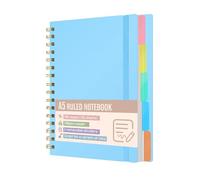 Xnegau A5 Lined Notebook with 5 Removable Dividers, 300 Pages 100gsm Thick Paper, Hard Cover Spiral Bound Notebook with Tabs for School, Office, University and Planning