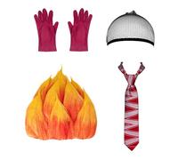 Xnetsby 4 Pcs Halloween Angry Costume Include Flame Wig Hair Cap Stripe Tie Gloves for Men Women Dress up