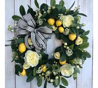 Xnferty Summer Yellow Lemon Roses Wreath, Yellow Peony White Hydrangea Green Leaves Wreath, Front Door Artificial Spring Flowers Greenery Wreath Rustic Farmhouse Door Wreath(#1)
