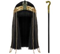 XNFUOE 2Pcs Egyptian Cleopatra Wig with Snake Staff Walking Stick, Black Straight Hair & Bronze Scepter for Mystical Ancient Themed Dress Up Party Halloween Costume