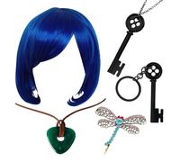 XNFUOE 5pcs Key Pendant Necklace Key Ring Green Seeing Stone Necklace Dragonfly Hair Clips BOB Blue Wig Set for Adults Kids Halloween Supplies