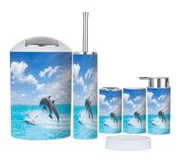 XNGJEMVWXO Bathroom Accessory Set 6 Piece Pack Jumping Dolphins Toothbrush Holder, Toothbrush Cup, Soap Dispenser, Soap Dish, Toilet Brush Holder, Trash can, iyexNUcoyw2Ga-6j