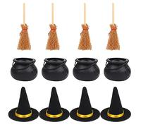 XNHIU 12Pcs Witches Broom Cauldron and Hat Mini Broom Decoration Black Witch Bucket Mini Witch Hat Halloween Decoration Set DIY Crafts Accessories Halloween Party Supplies