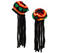 XNHIU 2 Pack Rasta Hat with Black Dreadlocks Bob Marley Dreadlocks Wig with Rasta Tam Hat Fancy Dress Rasta Wig Cap