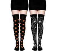 XNHIU 2 Pairs Halloween Over The Knee High Socks Gothic Legwear Black Spider Web & Funny Pumpkin Pattern Legwear for Women Cosplay Masquerade Party Dress Up