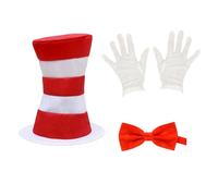 XNHIU 3pcs Adult Cat in the Hat Costume Red and White Striped Hat Bow Tie White Gloves Crazy Cat Fancy Dress Costume World Book Day Fancy Dress Costume for Women Men