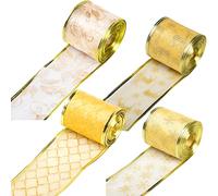 XNHIU 4 Rolls 2.5 Inch Wide Gold Christmas Wired Ribbon, Polyester Organza, Deer, Snowflake, Poinsettia, Plaid Patterns, 20 Yards Total, for Christmas Tree Decorations, Wreath Bows, Gift Wrapping