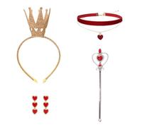 XNHIU 4pcs Halloween Queen Costume Gold Crown Headband Wand Red Choker Heart Dangle Earrings Women Halloween Party Dress Up for Girls