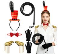 XNHIU 5Pcs Circus Ringmaster Costume Set Mini Top Hat Headband & Golden Tassel Epaulettes & Faux Leather Whip & Bow Tie & Gloves for Halloween Carnival Parade